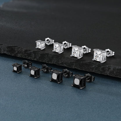 Square CZ stud earrings in silver, black finishes