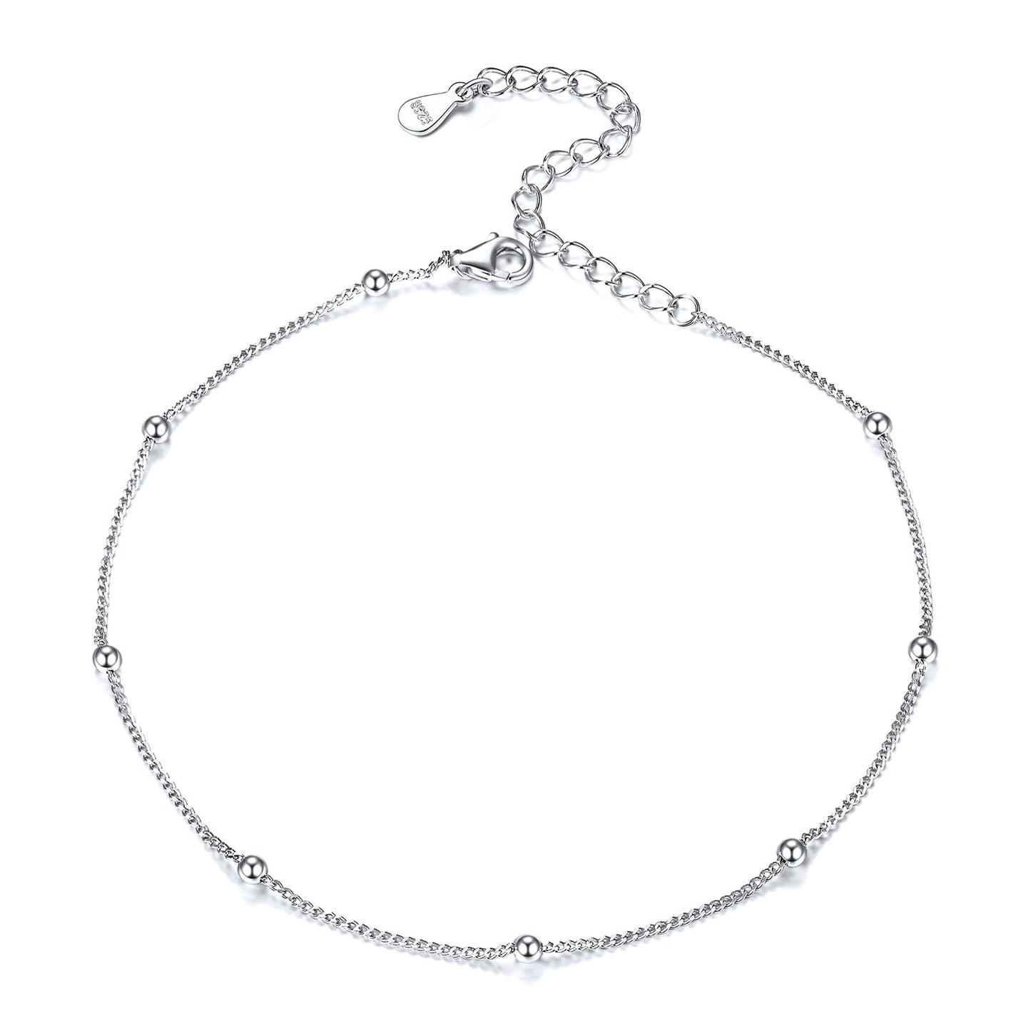 925 Sterling Silver Beaded Anklet for Women Front View