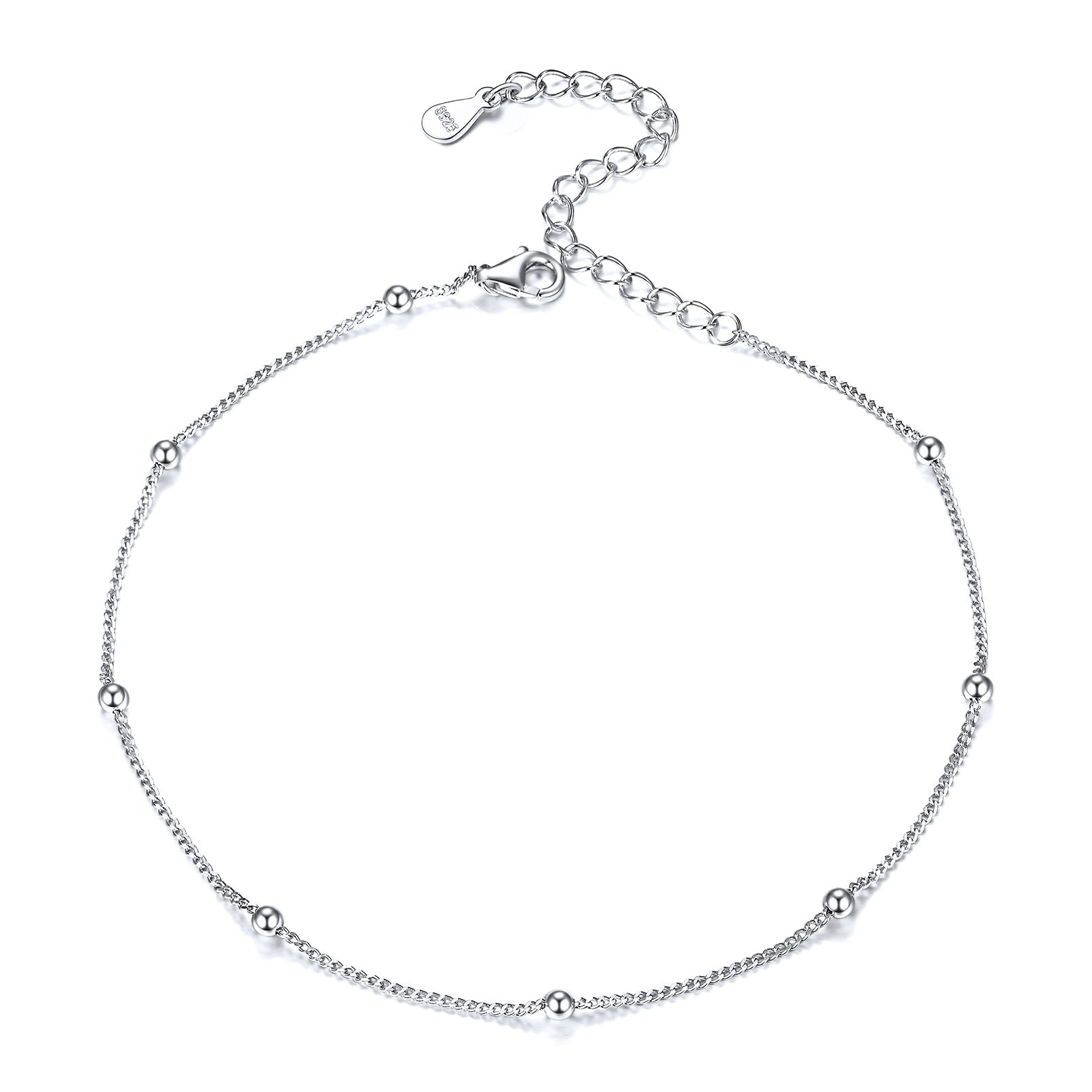 925 Sterling Silver Beaded Anklet for Women Front View