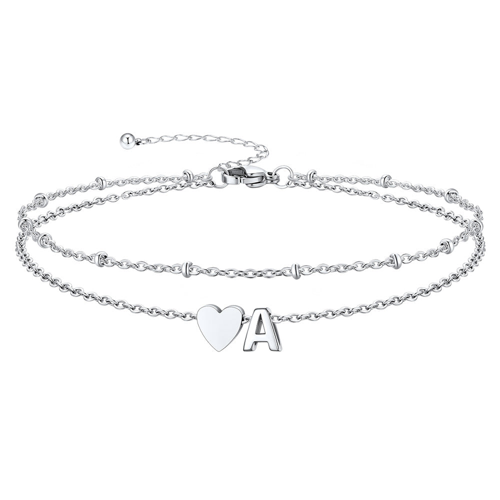 Silver Letter A Initial Anklet - Layered Summer Beach Jewelry