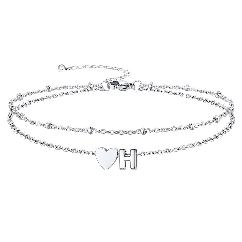 Silver Letter H Initial Anklet - Layered Summer Beach Jewelry