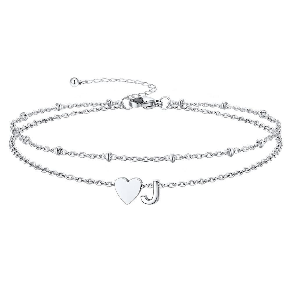Silver Letter J Initial Anklet - Layered Summer Beach Jewelry