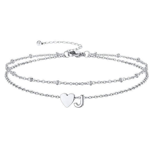 Silver Letter J Initial Anklet - Layered Summer Beach Jewelryimg