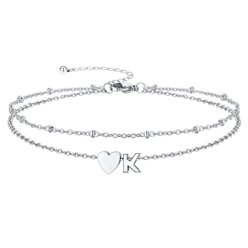 Silver Letter K Initial Anklet - Layered Summer Beach Jewelry