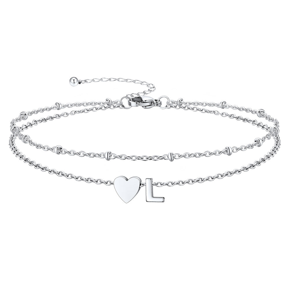 Silver Letter L Initial Anklet - Layered Summer Beach Jewelry