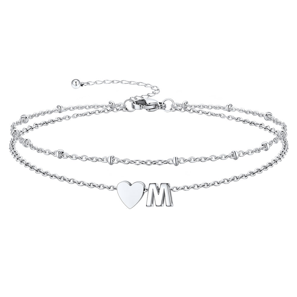 Silver Letter M Initial Anklet - Layered Summer Beach Jewelry