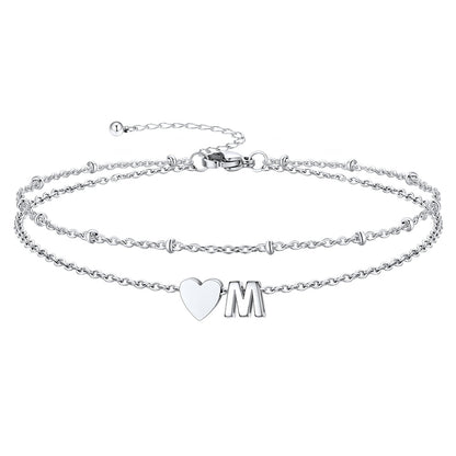 Silver Letter M Initial Anklet - Layered Summer Beach Jewelry