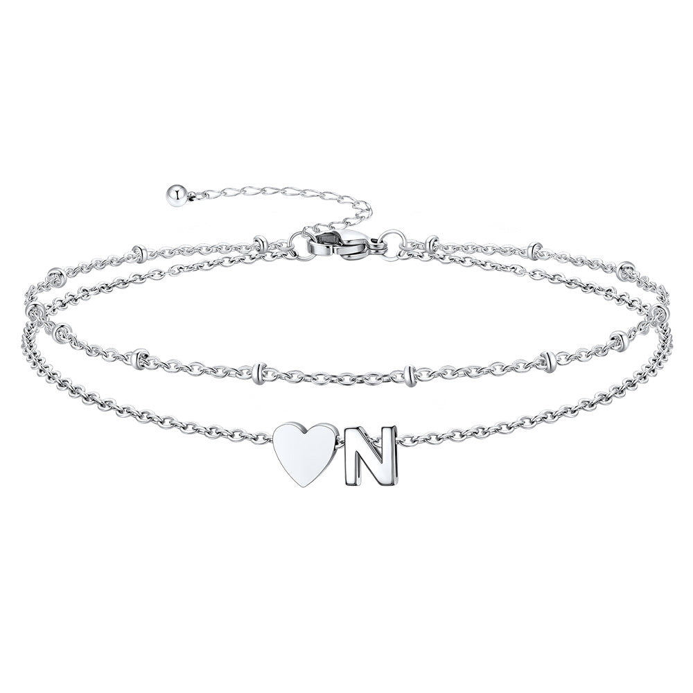 Silver Letter N Initial Anklet - Layered Summer Beach Jewelry