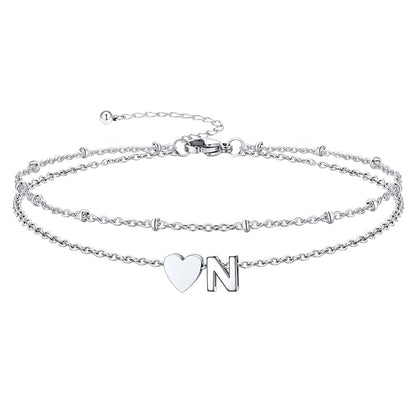 Silver Letter N Initial Anklet - Layered Summer Beach Jewelry