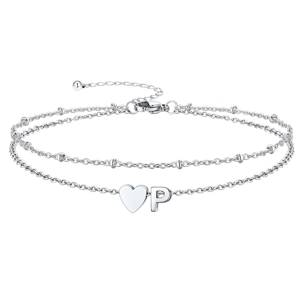Silver Letter P Initial Anklet - Layered Summer Beach Jewelry