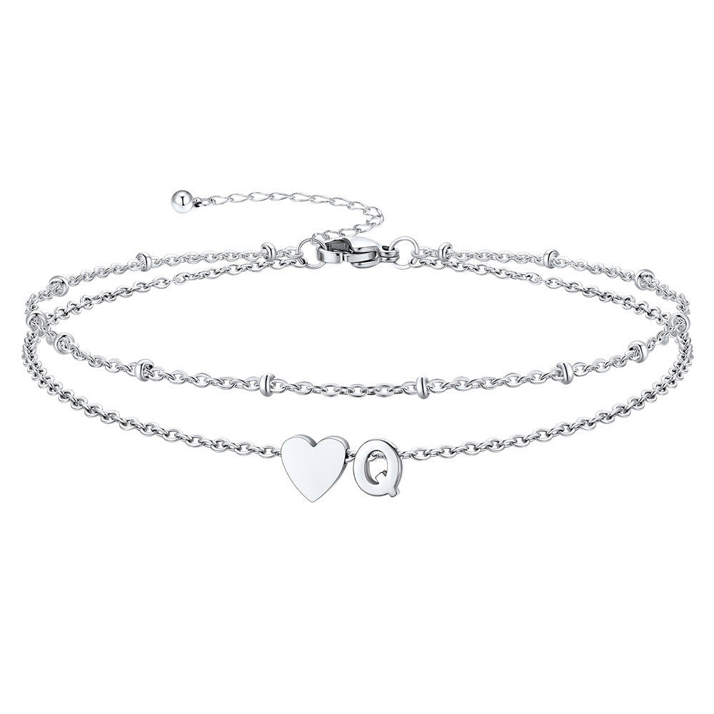 Silver Letter Q Initial Anklet - Layered Summer Beach Jewelry