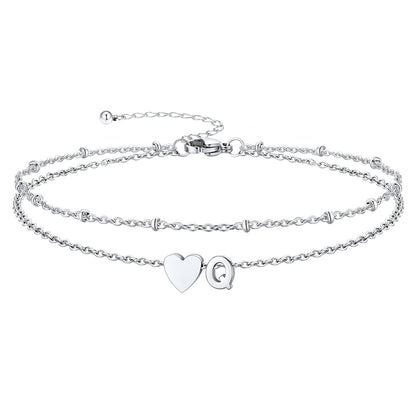 Silver Letter Q Initial Anklet - Layered Summer Beach Jewelry