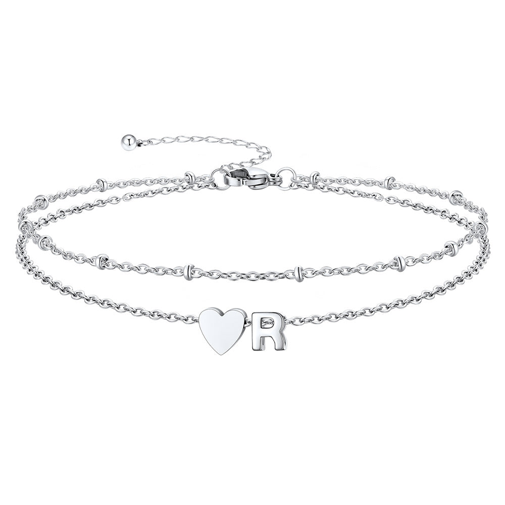 Silver Letter R Initial Anklet - Layered Summer Beach Jewelry
