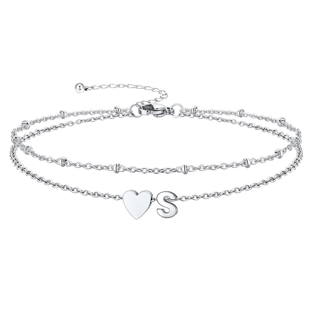 Silver Letter S Initial Anklet - Layered Summer Beach Jewelry