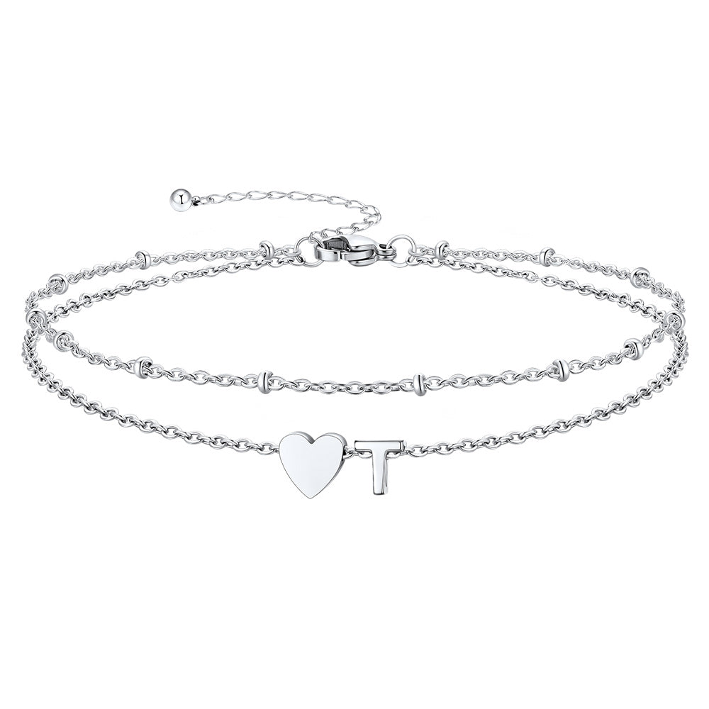 Silver Letter T Initial Anklet - Layered Summer Beach Jewelry