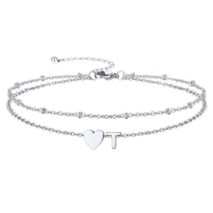 Silver Letter T Initial Anklet - Layered Summer Beach Jewelry