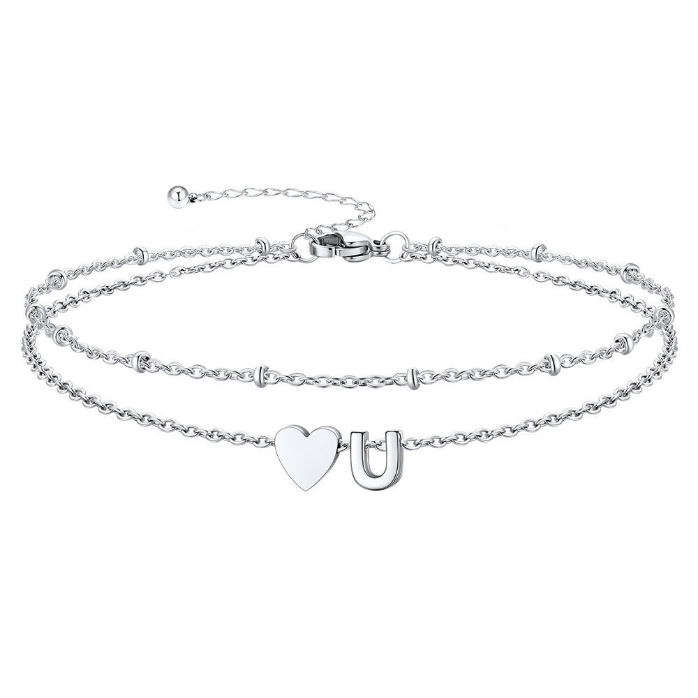 Silver Letter U Initial Anklet - Layered Summer Beach Jewelry
