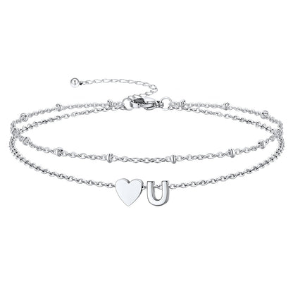 Silver Letter U Initial Anklet - Layered Summer Beach Jewelry