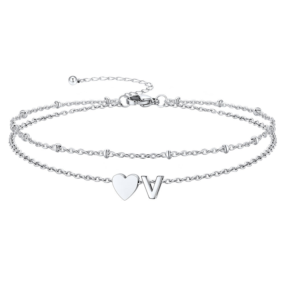 Silver Letter V Initial Anklet - Layered Summer Beach Jewelry