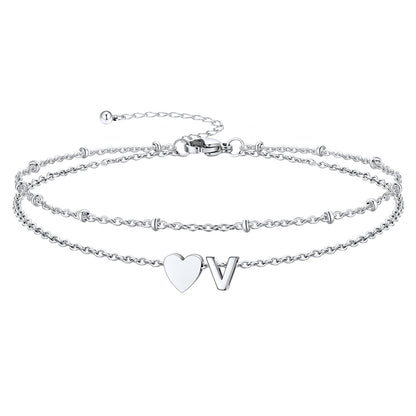 Silver Letter V Initial Anklet - Layered Summer Beach Jewelry