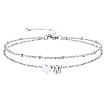 Silver Letter W Initial Anklet - Layered Summer Beach Jewelry