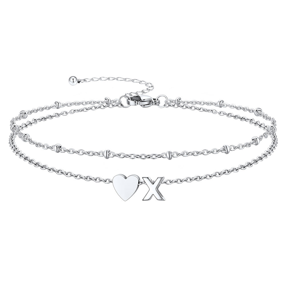 Silver Letter X Initial Anklet - Layered Summer Beach Jewelry