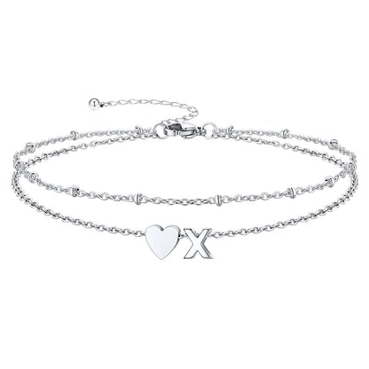 Silver Letter X Initial Anklet - Layered Summer Beach Jewelry