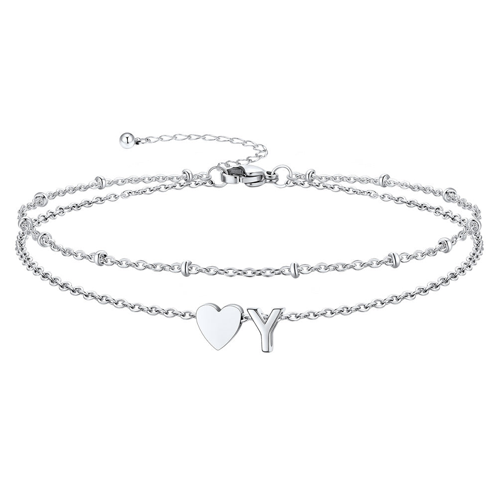 Silver Letter Y Initial Anklet - Layered Summer Beach Jewelry