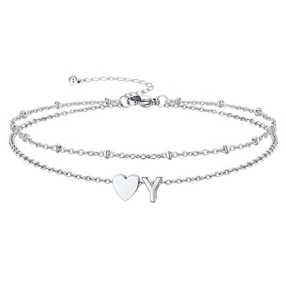 Silver Letter Y Initial Anklet - Layered Summer Beach Jewelry
