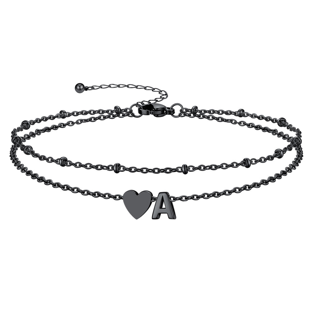 Black Letter A Initial Anklet - Layered Summer Beach Jewelry