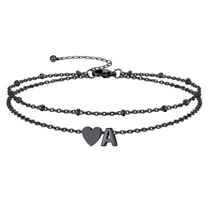Black Letter A Initial Anklet - Layered Summer Beach Jewelry