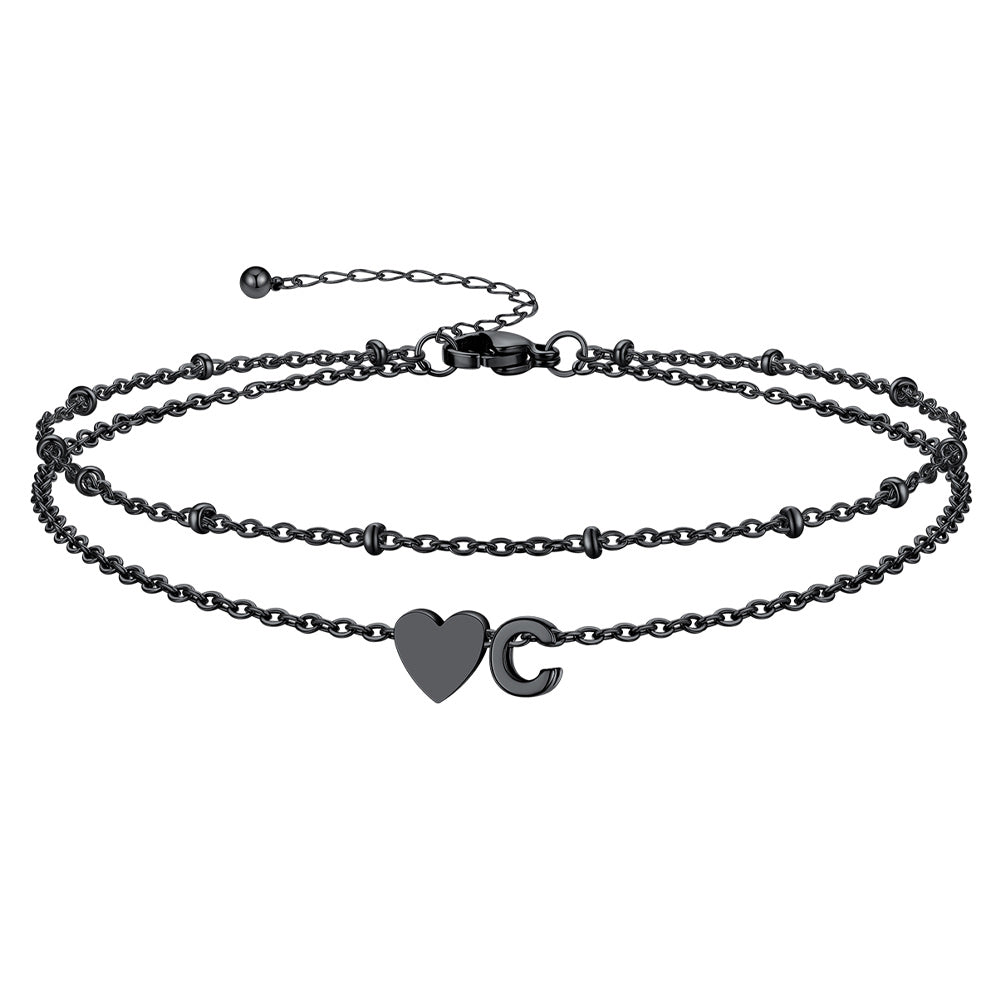 Black Letter C Initial Anklet - Layered Summer Beach Jewelry