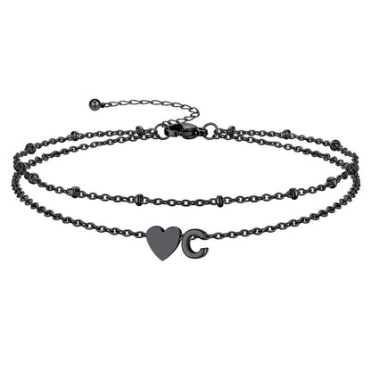Black Letter C Initial Anklet - Layered Summer Beach Jewelry