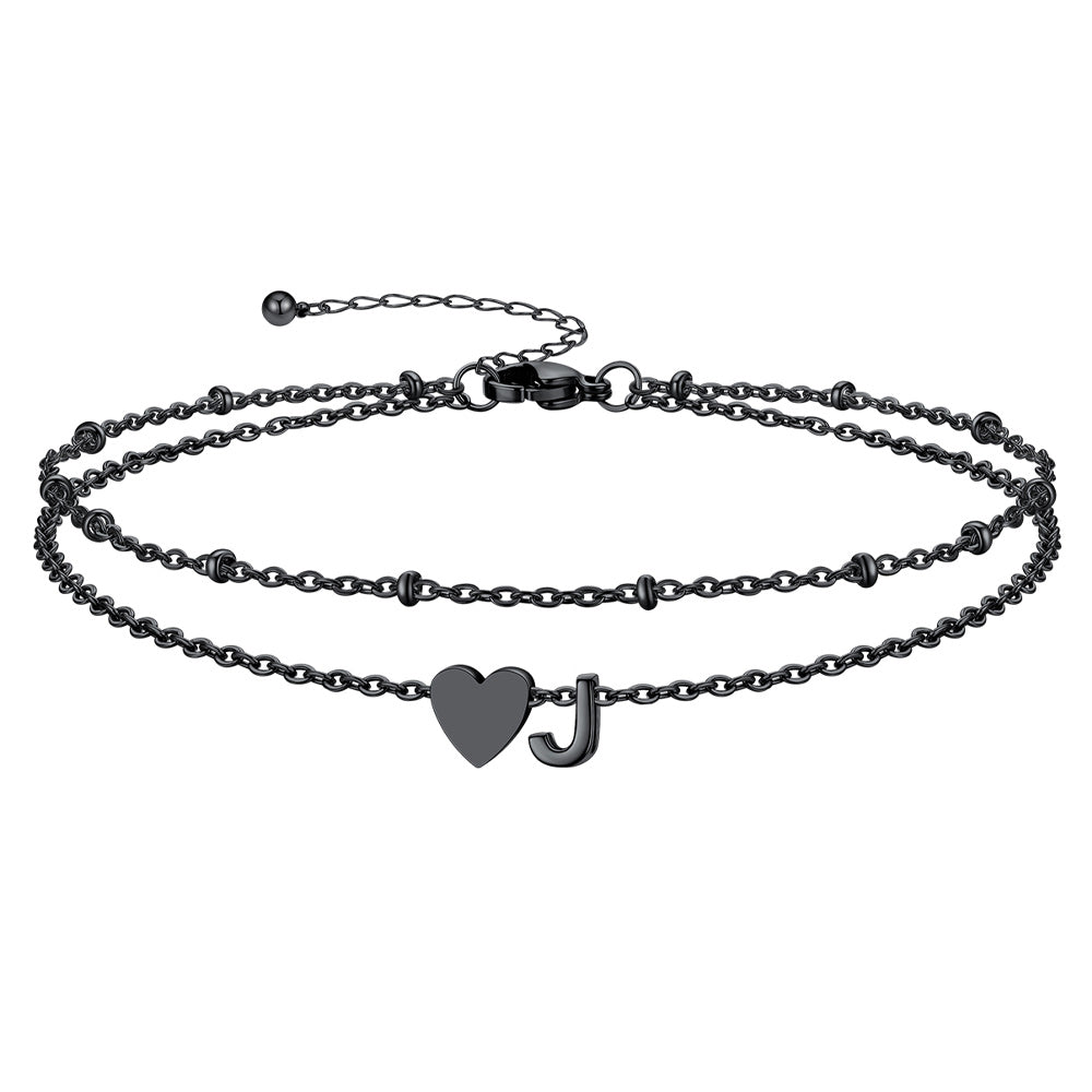 Black Letter J Initial Anklet - Layered Summer Beach Jewelry
