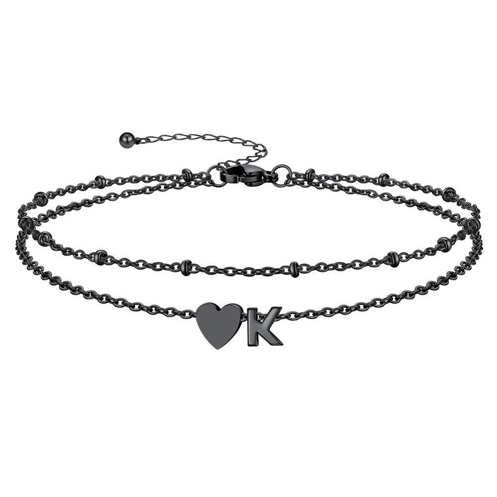 Black Letter K Initial Anklet - Layered Summer Beach Jewelry