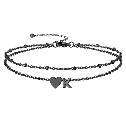 Black Letter K Initial Anklet - Layered Summer Beach Jewelry
