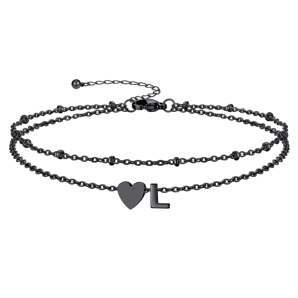 Black Letter L Initial Anklet - Layered Summer Beach Jewelry