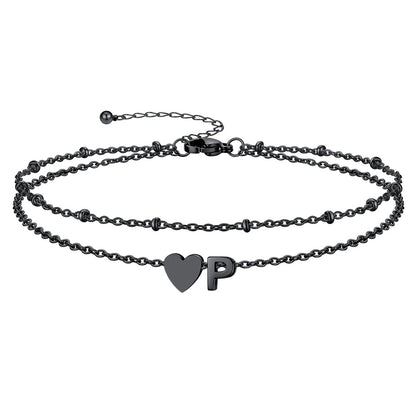 Black Letter P Initial Anklet - Layered Summer Beach Jewelry