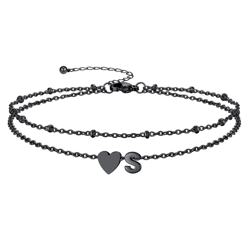 Black Letter S Initial Anklet - Layered Summer Beach Jewelry