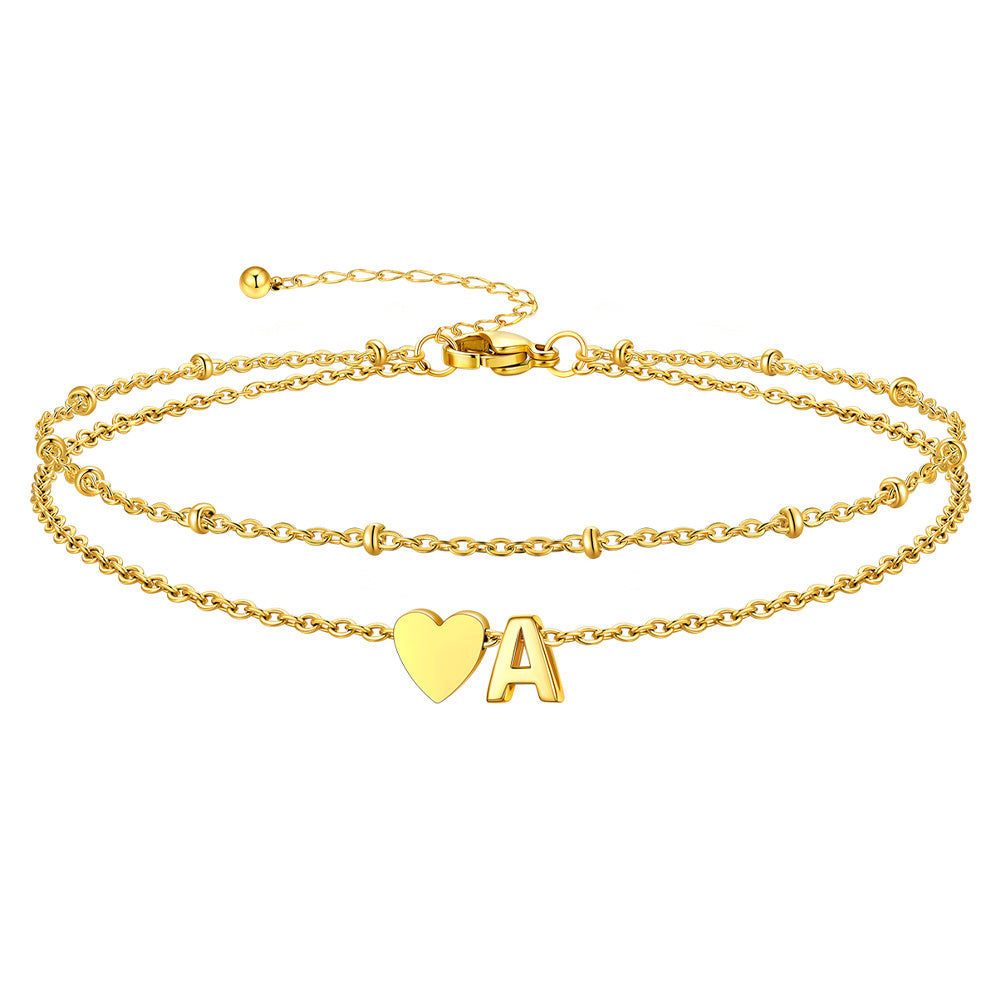 Gold Letter A Initial Anklet - Layered Summer Beach Jewelry
