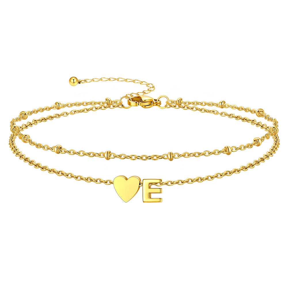 Gold Letter E Initial Anklet - Layered Summer Beach Jewelry
