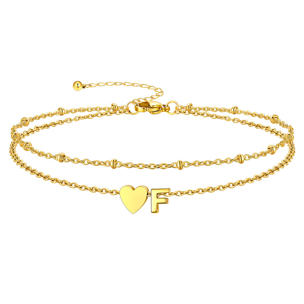 Gold Letter F Initial Anklet - Layered Summer Beach Jewelry