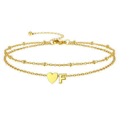Gold Letter F Initial Anklet - Layered Summer Beach Jewelry