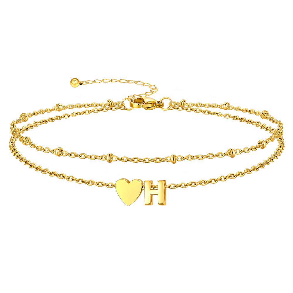 Gold Letter H Initial Anklet - Layered Summer Beach Jewelry