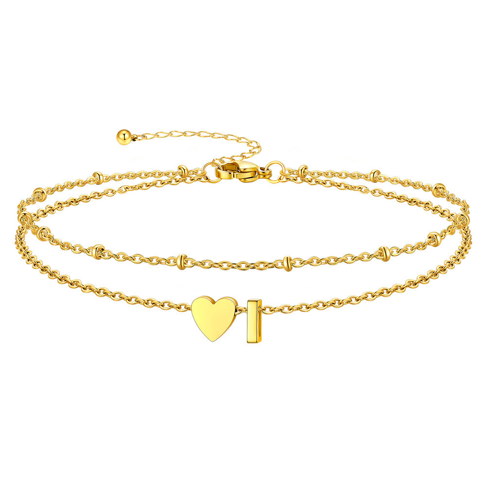 Gold Letter I Initial Anklet - Layered Summer Beach Jewelry