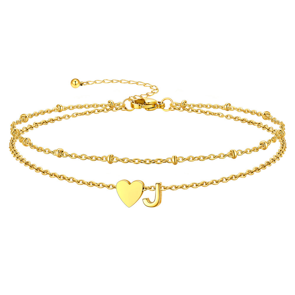Gold Letter J Initial Anklet - Layered Summer Beach Jewelry