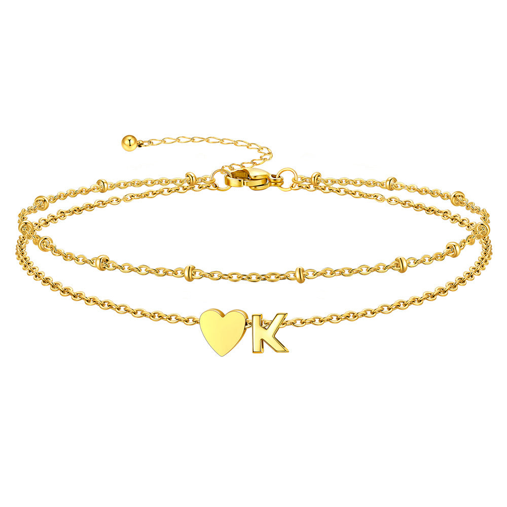 Gold Letter K Initial Anklet - Layered Summer Beach Jewelry
