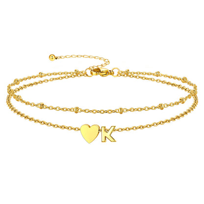 Gold Letter K Initial Anklet - Layered Summer Beach Jewelry