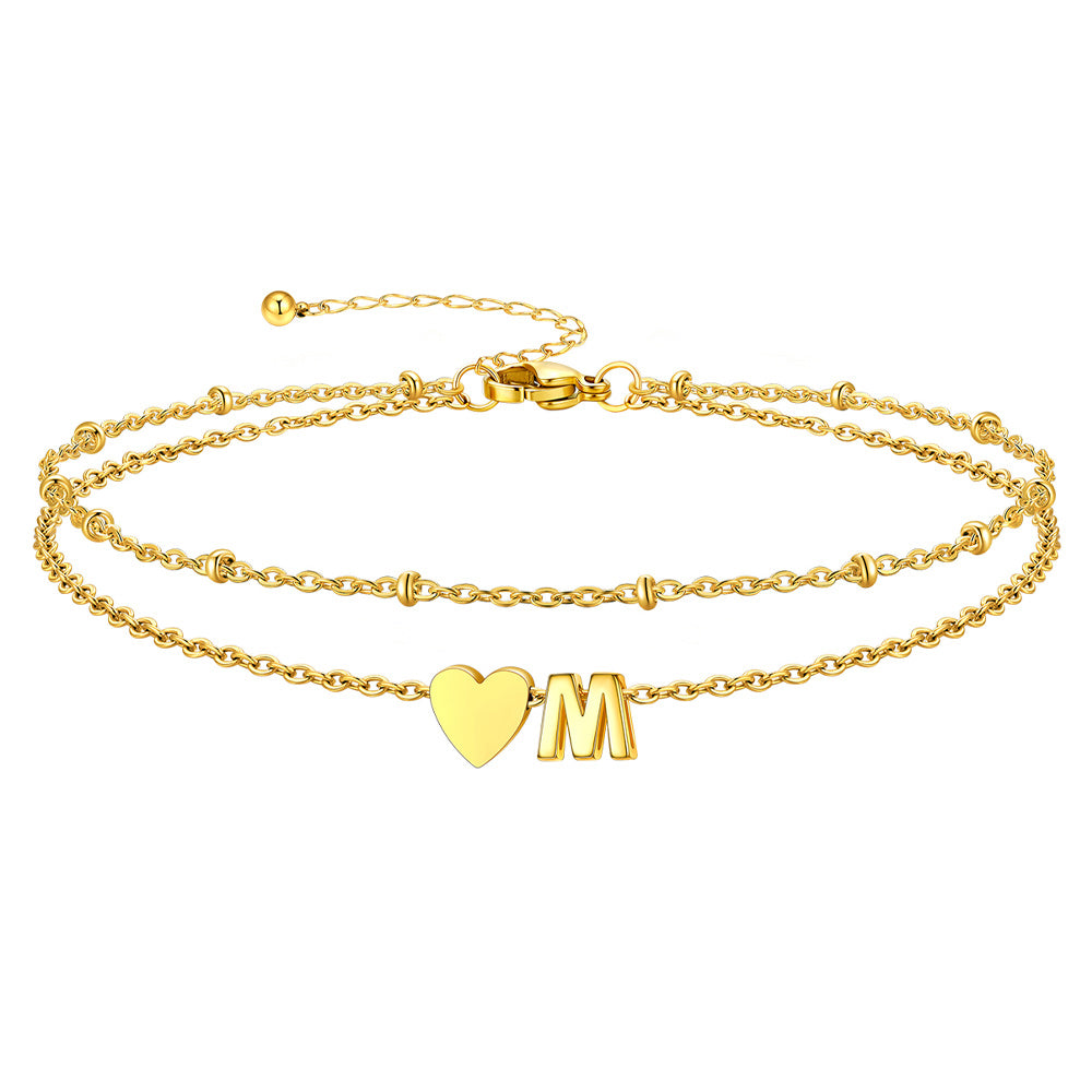 Gold Letter M Initial Anklet - Layered Summer Beach Jewelry