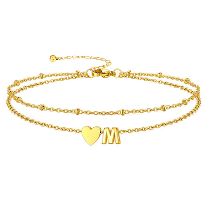 Gold Letter M Initial Anklet - Layered Summer Beach Jewelry